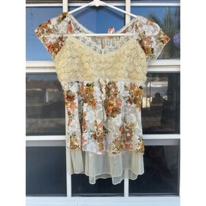 MOA USA Floral Mesh Lace Blouse Rosette Babydoll Top  Medium Coquette Fairy